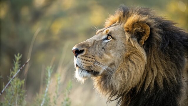Majestic african lion portrait close up wildlife animal looking right side view - Powered by Adobe