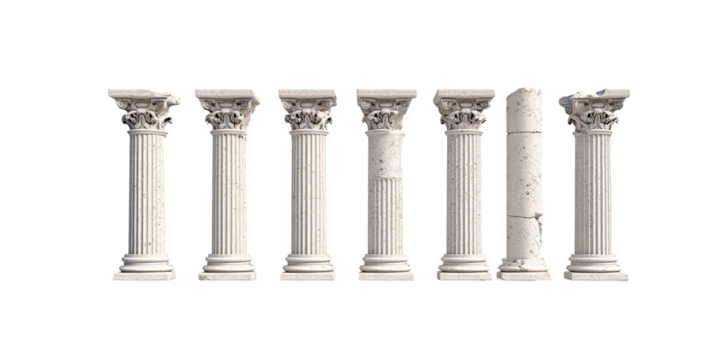Seven Classical Columns: A row of seven classical columns, one broken, stands isolated against a pure white backdrop, symbolizing strength, resilience, and the passage of time.