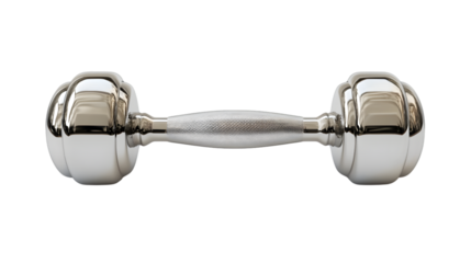 A sleek metallic dumbbell with a textured grip ideal for fitness and strength training exerci