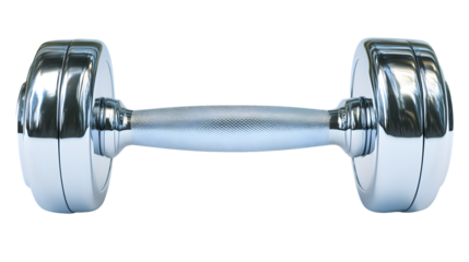 A sleek dumbbell with a shiny metallic finish ideal for fitness and strength training exercise