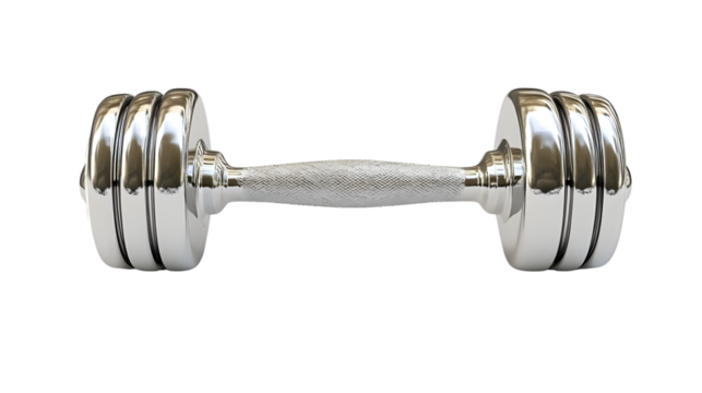 A shiny metallic dumbbell isolated on a black background ideal for fitness gym and workout c