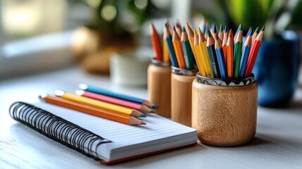 Assortment of vibrant coloring pencils in wood holders next to spiral bound notepad on surface, close-up shot on a transparent background, PNG image, PNG file.