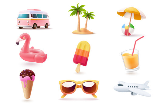 Colorful summer objects set in 3d style: a van, tropical island with palm trees, beach ball, umbrella, flamingo float, ice cream, popsicle, drink, sunglasses, and airplane. Vector illustration
