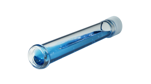 A transparent cylindrical container filled with blue liquid ideal for scientific medical or - Powered by Adobe