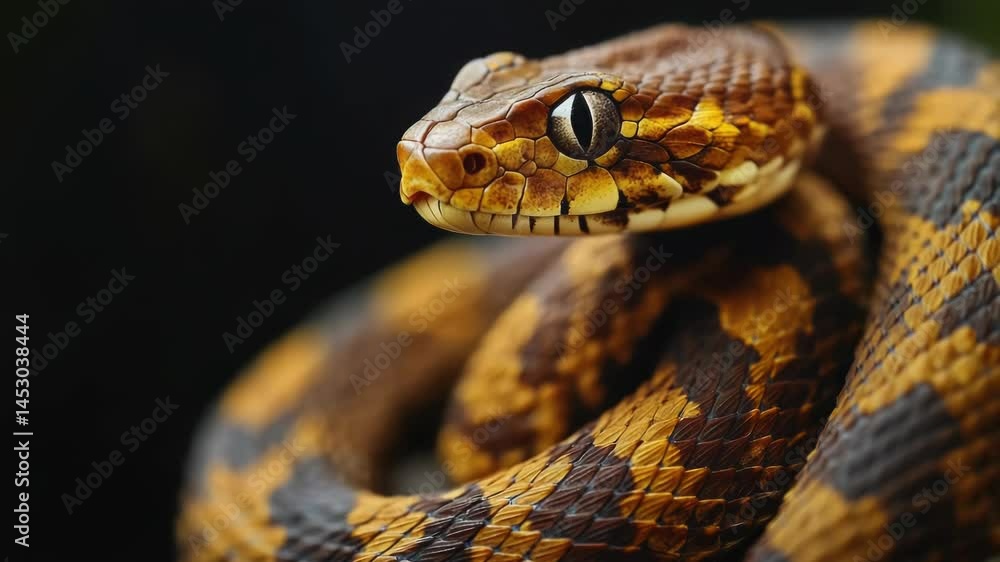 Poster a close-up view of a snake's body on a dark, matte background