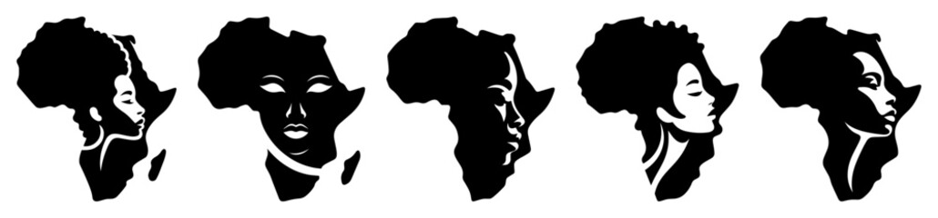 african woman portraits in africa map silhouette set
