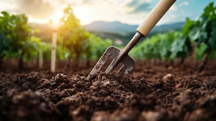 A close-up shot of a garden fork embedded in rich brown soil, symbolizing the connection between nature, cultivation, and the joy of gardening in a serene landscape.