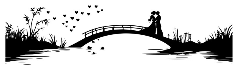 romantic couple on bridge over river silhouette