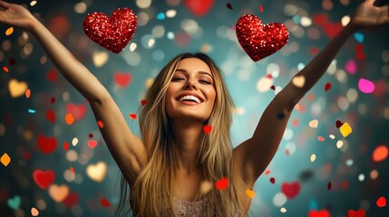 Joyful Valentine's Day Celebration: A Woman's Ecstatic Embrace of Love and Festive Cheer