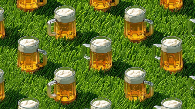Isometric view of multiple beer mugs with frothy foam placed on vibrant green grass creates a pattern, for celebration themes on St. Patrick's Day or Oktoberfest.