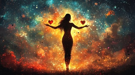 Naklejka premium Cosmic Love: A Woman's Embrace of Celestial Hearts