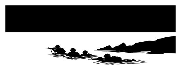 soldiers approaching coastline in water silhouette vector