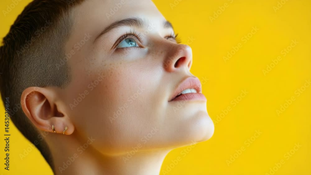 Poster a close-up of a person set against a bright yellow background