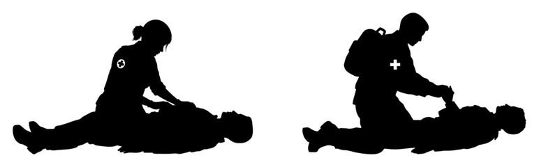 first aid CPR rescue by medics silhouette vector