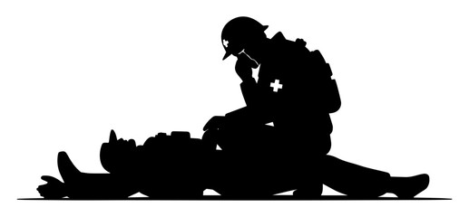 medic soldier helping wounded comrade silhouette vector