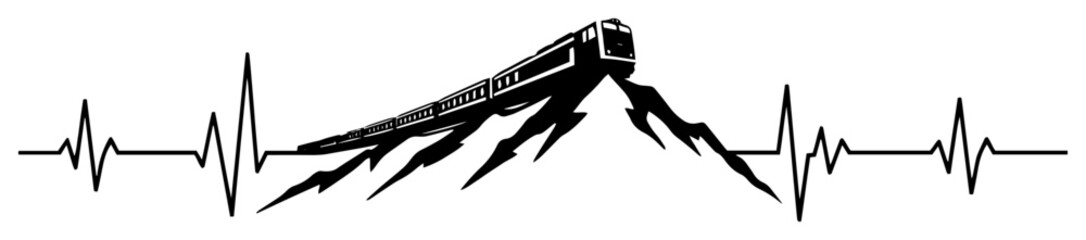train on mountain with heartbeat line silhouette vector engraving shape