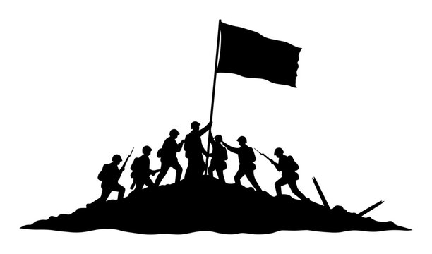 soldiers raising flag on battlefield hilltop in silhouette scene