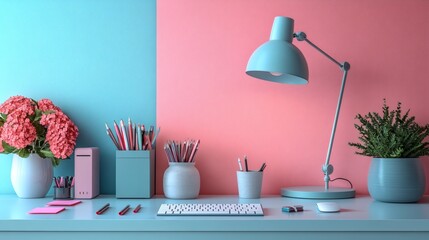 Workspace arrangement featuring lamp, keyboard, potted plants, pens, and stationery supplies set against split pink and blue backdrop on a transparent background, PNG image, PNG file.