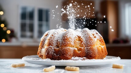 A beautifully baked Bundt cake dusted with powdered sugar, presented on a white plate, ideal for celebrations or festive gatherings in a warm kitchen setting.