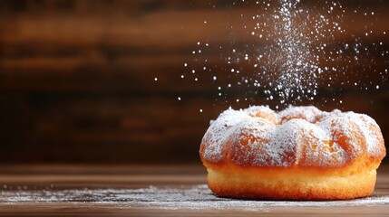 A classic Bundt cake elegantly presented with a light dusting of powdered sugar, set on a rustic wooden surface, showcasing the beauty of simple baking.