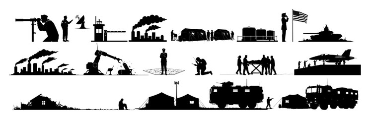 military operations equipment and personnel icons in silhouette set