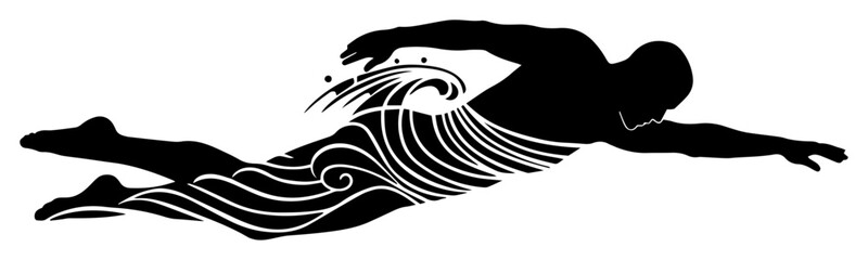 silhouette of swimmer with abstract wave design in body motion