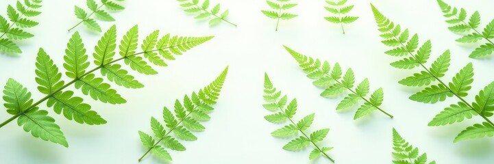 Delicate fern fronds scattered on white surface, green, textures, ferns