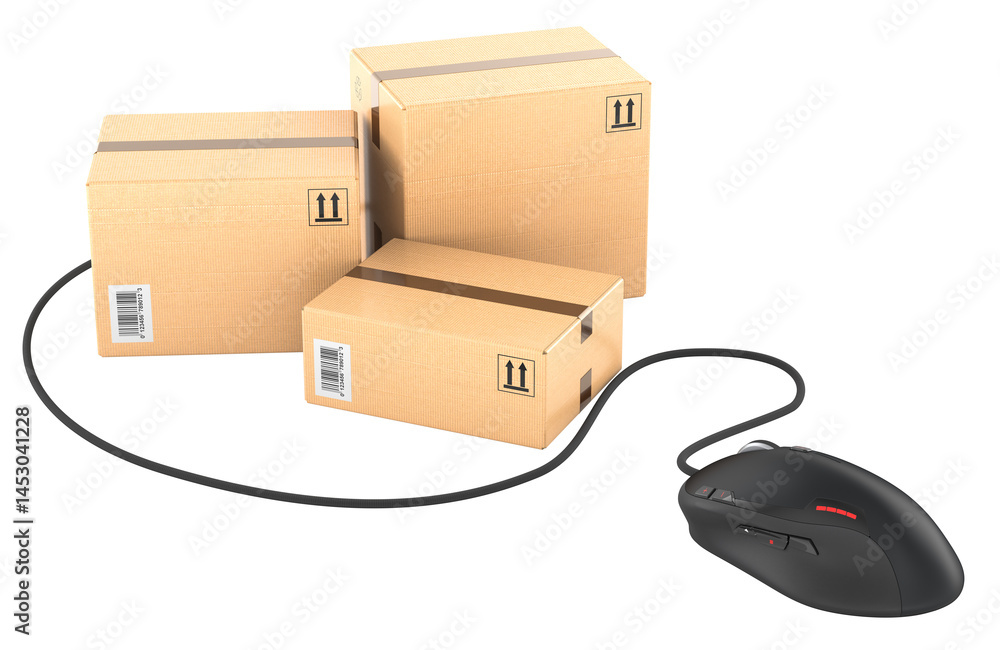 Poster parcels with computer mouse, 3d rendering isolated on transparent background