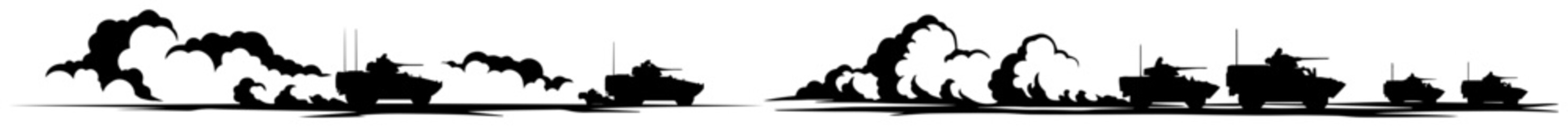 military convoy of tanks and jets in combat silhouette scene