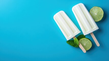 A picturesque arrangement of lime-flavored popsicles on an inviting blue background, capturing the essence of summer with refreshing hues and appealing textures.
