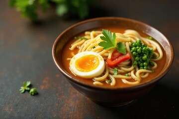 Bowl of ramen noodles, broth, vegetables, egg , asian food, bamboo shoots, backdrop