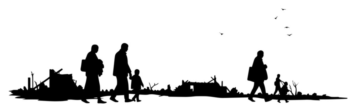 refugees walking through war zone destruction silhouette scene