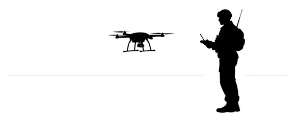 soldier operating drone with remote control silhouette