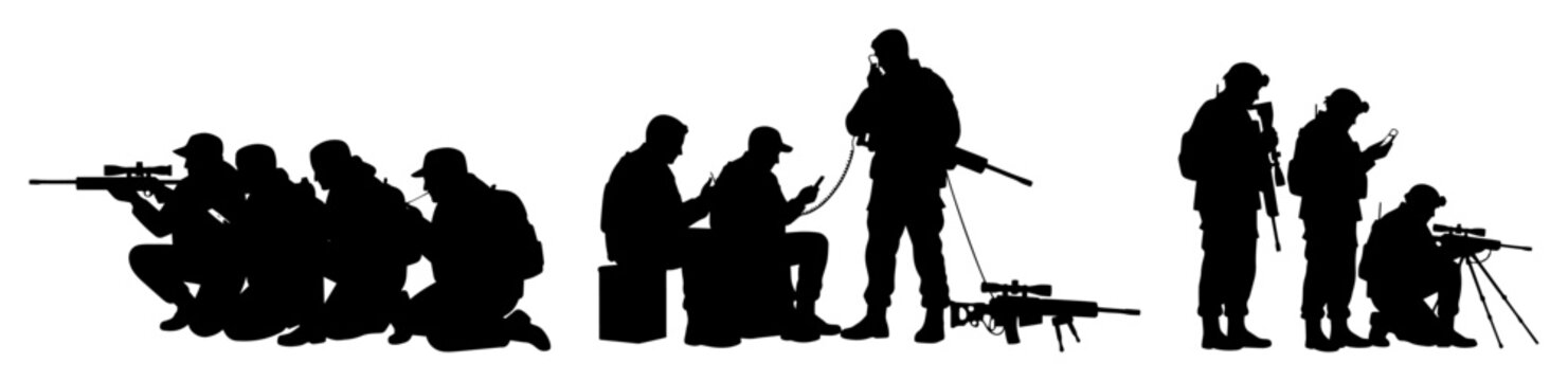 soldiers operating drones and planning mission silhouette vector shape laser cutting