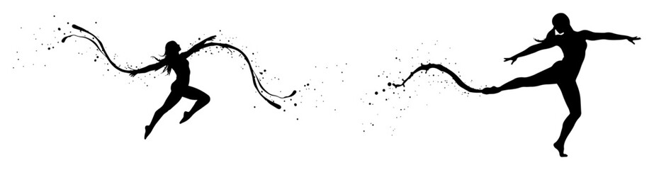 graceful female dancers with ribbons silhouette vector black shape