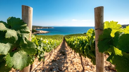 This breathtaking view showcases vineyard rows leading to the calm blue sea, balancing nature and agriculture beautifully, appealing to those who appreciate scenic landscapes.