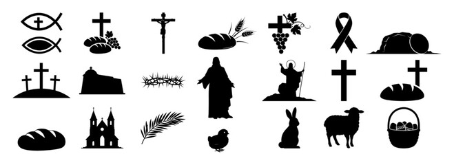 easter and christian religious symbols silhouette icon set