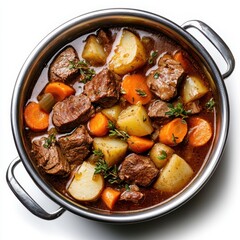 Beef stew with potatoes and carrots in a pot isolated on white background