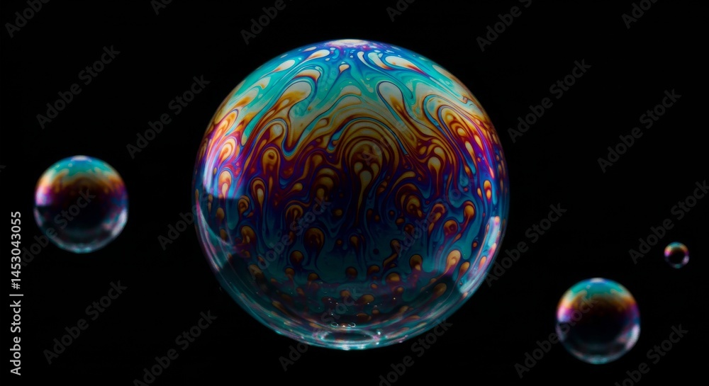 Aufkleber abstract iridescent soap bubbles floating on black for science and art design