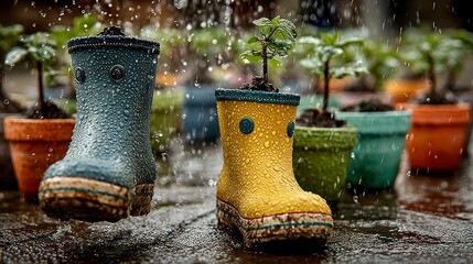 Creative Rain Boots Repurposed as Planters in a Rainy Garden Scene