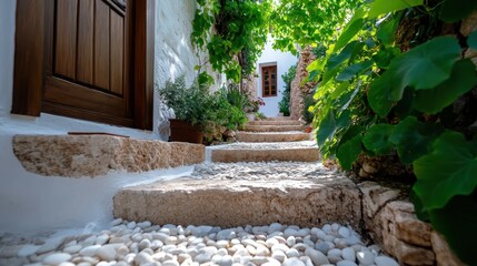 A captivating view of rustic stone steps adorned by lush green foliage, creating a welcoming atmosphere that embodies natural beauty and encourages exploration of hidden pathways.