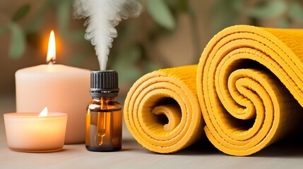 Relaxing Yoga Session: Essential Oils, Candles, and Yellow Mat
