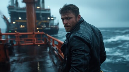 A close-up shot of a man in a leather jacket, overlooking turbulent seas from an oil rig, evoking feelings of determination amid chaos and nature’s power.