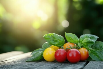 Sunlit yellow and red cherry tomatoes with fresh basil leaves on rustic wood.
