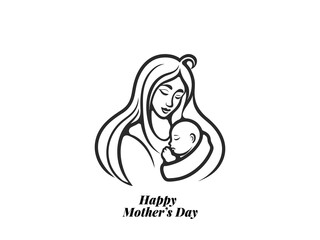 Mother’s Day Love Illustration  Simple Vector of Mom and Child Embrace in Line Art Style.