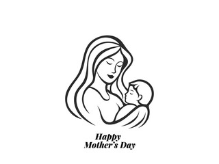 Loving Mother Holding Newborn  Black and White Line Art for Mother’s Day Projects.