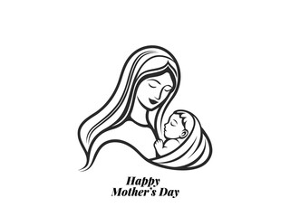 Loving Mother Holding Newborn  Black and White Line Art for Mother’s Day Projects.