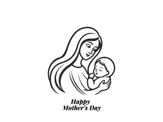 Happy Mother's Day Vector – Loving Mom Holding Baby Minimalist Line Art Illustration for Cards & Posters.
