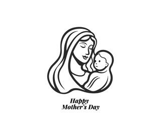 Happy Mother's Day Vector – Loving Mom Holding Baby Minimalist Line Art Illustration for Cards & Posters.
