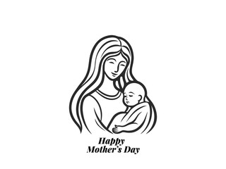 Happy Mother's Day Vector – Loving Mom Holding Baby Minimalist Line Art Illustration for Cards & Posters.
